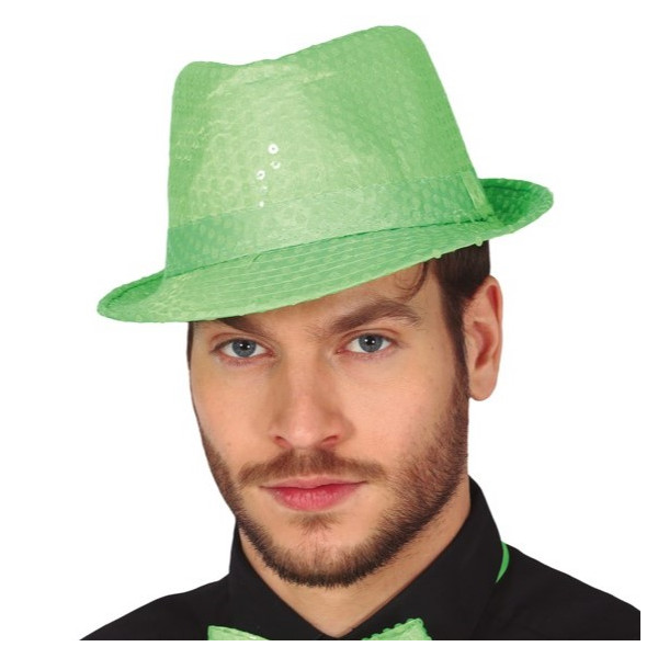 Sombrero de Gangster de color Verde Neón con Lentejuelas para Adulto
