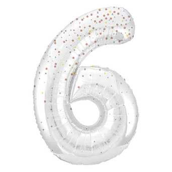 Globo Foil de Número 6 de 86 Centímetros de color Blanco con Purpurina