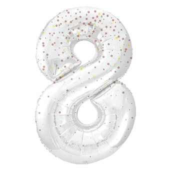 Globo Foil de Número 8 de 86 Centímetros de color Blanco con Purpurina