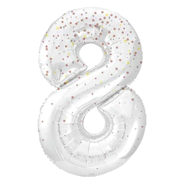 Globo Foil de Número 8 de 86 Centímetros de color Blanco con Purpurina