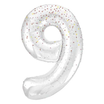 Globo Foil de Número 9 de 86 Centímetros de color Blanco con Purpurina