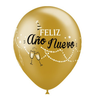 Globo Látex de Feliz Año Nuevo 50 Unidades R12 de 30 Centímetros de color Oro 100% Biodegradable