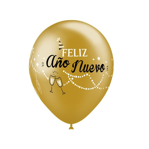 Globo Látex de Feliz Año Nuevo 50 Unidades R12 de 30 Centímetros de color Oro 100% Biodegradable