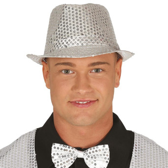 Sombrero de Gangster de color Plata con Lentejuelas para Adulto