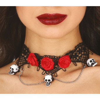 Gargantilla de Gótica con Calaveras y Rosas