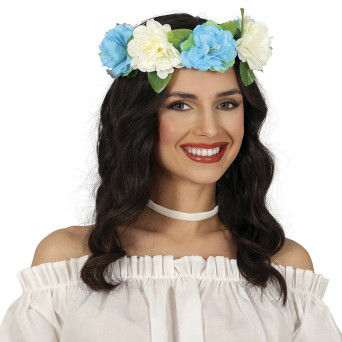 Corona de Flores de color Blanco y Azul de 20 Centímetros para Adulto