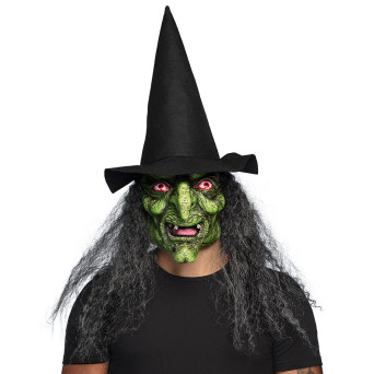 Máscara de Bruja Lucinda con Pelo y Sombrero para Adulto