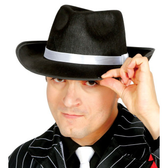 Sombrero de Gangster de color Negro con Cinta Blanca para Adulto