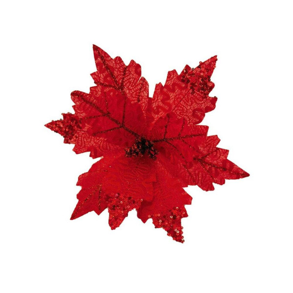 Flor de Poinsettia de 24 Centímetros de color Rojo con Lentejuelas