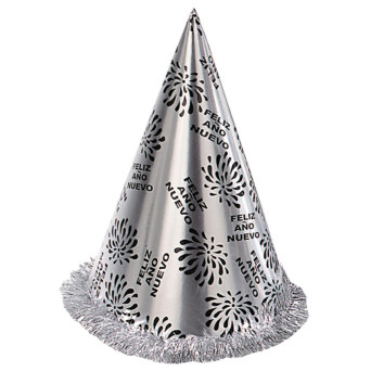 Sombrero de Cono de Feliz Año Nuevo de color Plata con Flecos