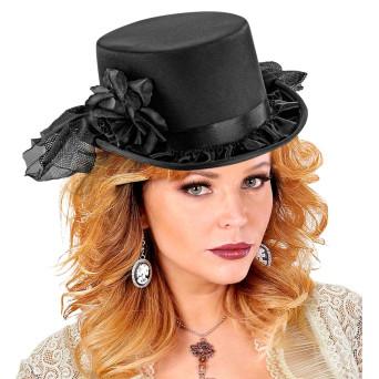 Sombrero de Copa de color Negro con Rosa Negra y Tul para Adulto