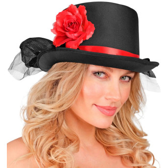 Sombrero de Copa de color Negro con Rosa Roja y Tul para Adulto