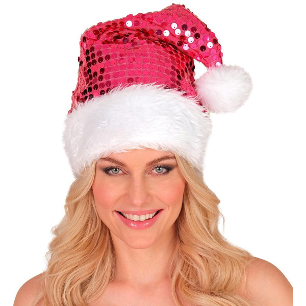 Gorro de Papá Noel de color Rosa con Lentejuelas para Adulto