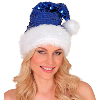 Gorro de Papá Noel de color Azul con Lentejuelas para Adulto