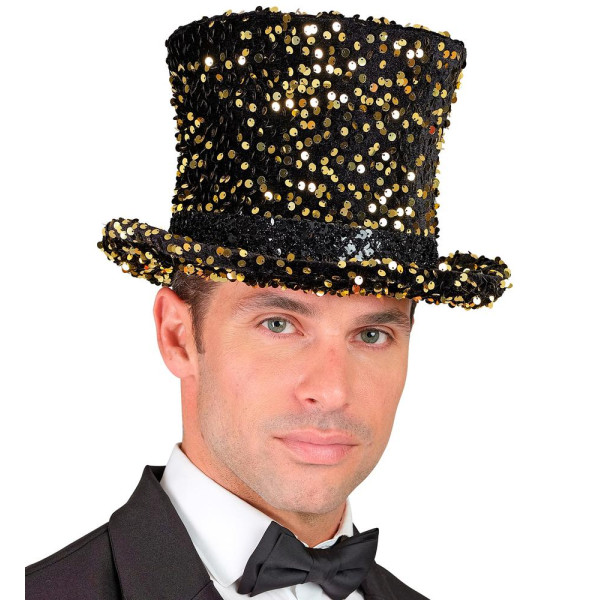 Sombrero de Copa de color Negro con Lentejuelas para Adulto