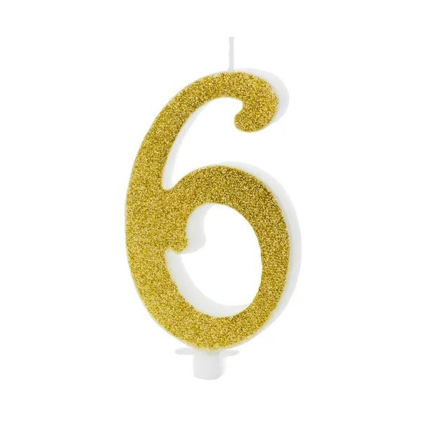 Vela de Cumpleaños Número 6 de 10 Centímetros de color Oro con Purpurina