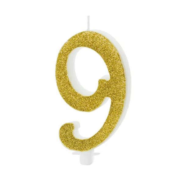 Vela de Cumpleaños Número 9 de 10 Centímetros de color Oro con Purpurina