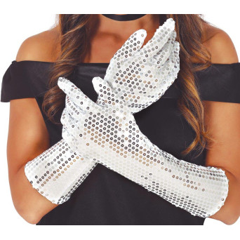Guantes de color Plata de 39 Centímetros con Lentejuelas para Adulto