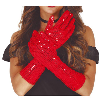 Guantes de color Rojo de 39 Centímetros con Lentejuelas para Adulto