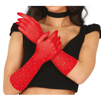 Guantes de Red de 30 Centímetros de color Rojo con Pedreria