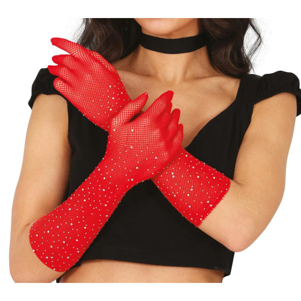 Guantes de Red de 30 Centímetros de color Rojo con Pedreria