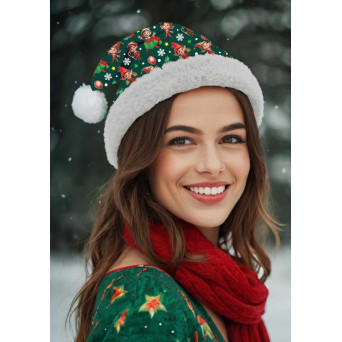 Gorro de Papá Noel Estampado de color Verde para Adulto