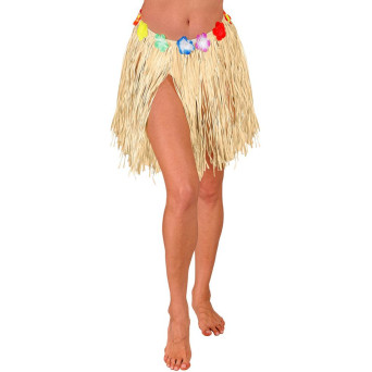 Falda Hawaiana de 40 Centímetros de color Paja con Flores