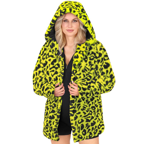 Abrigo de Leopardo de color Amarillo Neón con Capucha para Adulto