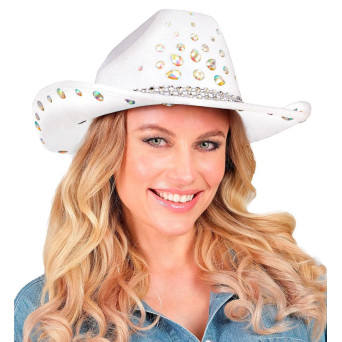 Sombrero de Vaquero de color Blanco con Brillantes para Adulto