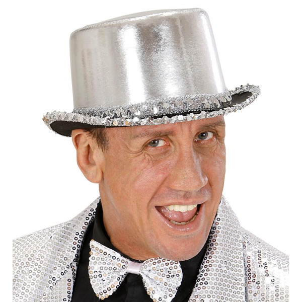 Sombrero de Copa de color Plata con Tira de Lentejuelas para Adulto