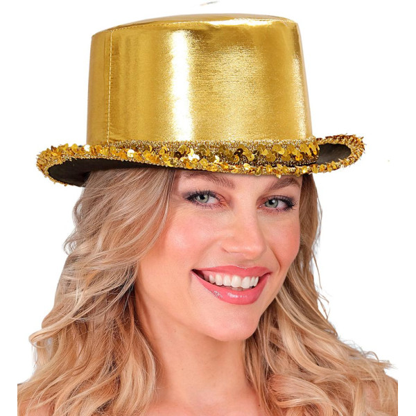 Sombrero de Copa de color Oro con Tira de Lentejuelas para Adulto