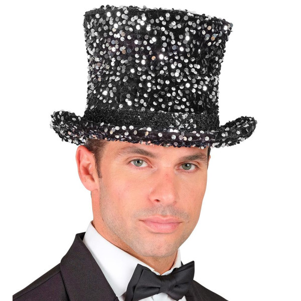 Sombrero de Copa de color Negro con Lentejuelas para Adulto