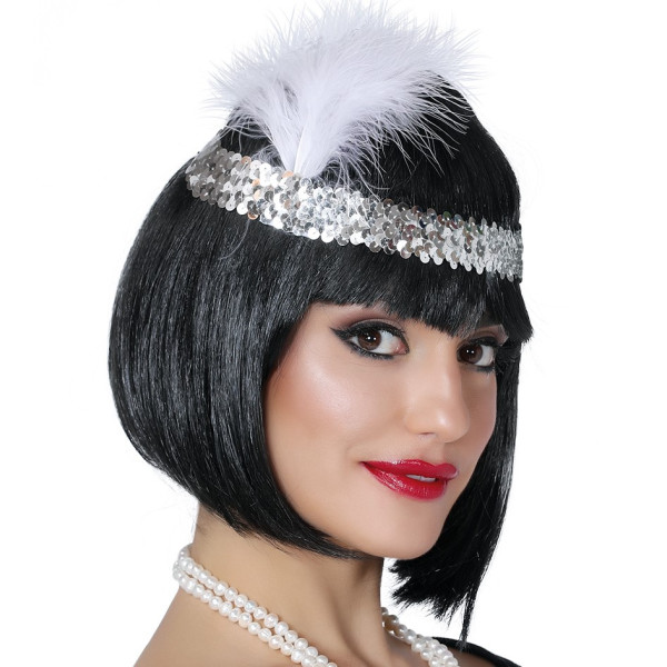 Diadema de Charlestón de color Plata con Lentejuelas y Pluma para Adulto