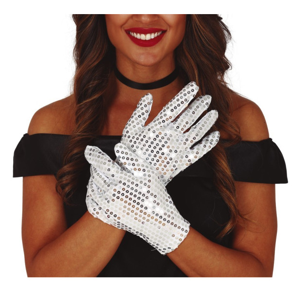 Guantes de color Blanco de 22 Centímetros con Lentejuelas para Adulto