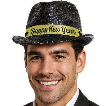 Sombrero de Happy New Year de color Negro con Lentejuelas para Adulto
