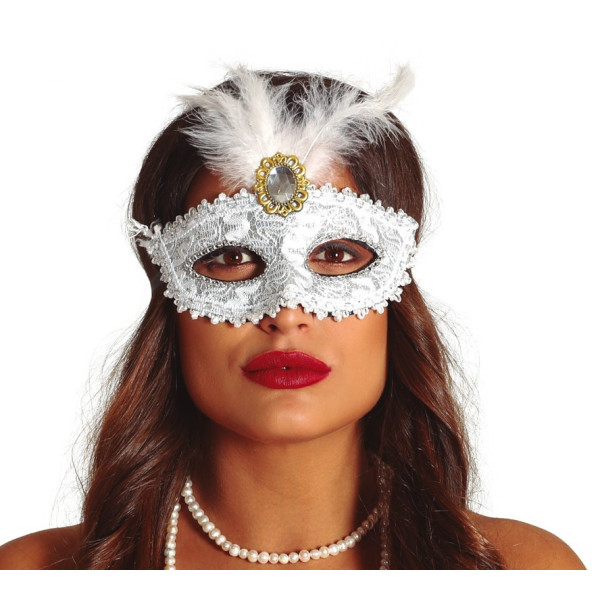 Antifaz de color Blanco con Pluma para Adulto