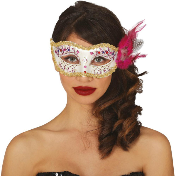 Antifaz de color Blanco con Pluma Rosa