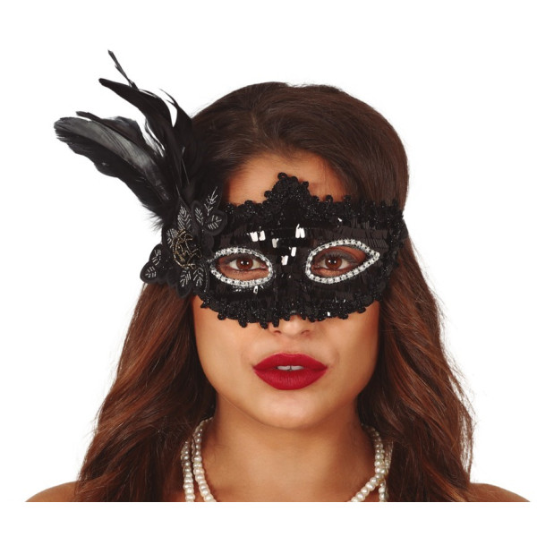 Antifaz de color Negro con Flor y Pluma para Adulto