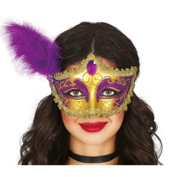 Antifaz de color Oro con Pluma Lila para Adulto