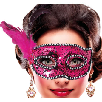 Antifaz de color Rosa con Lentejuelas y Plumas para Adulto