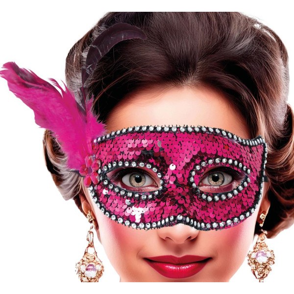 Antifaz de color Rosa con Lentejuelas y Plumas para Adulto