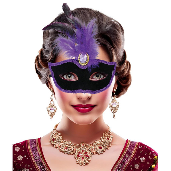 Antifaz de color Negro con Plumas Lilas para Adulto