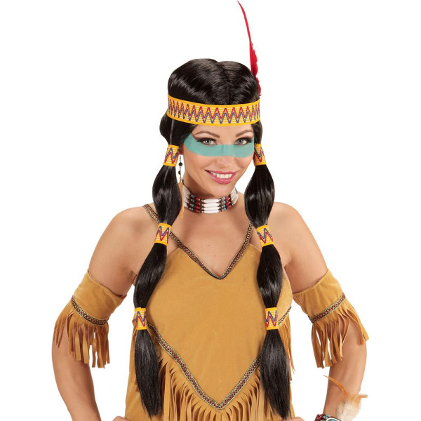 Peluca Negra de India con Cinta y Pluma para Adulto