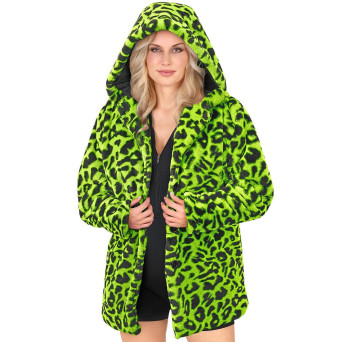 Abrigo de Leopardo de color Verde Neón con Capucha para Adulto