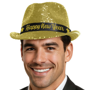 Sombrero de Happy New Year de color Oro con Lentejuelas para Adulto