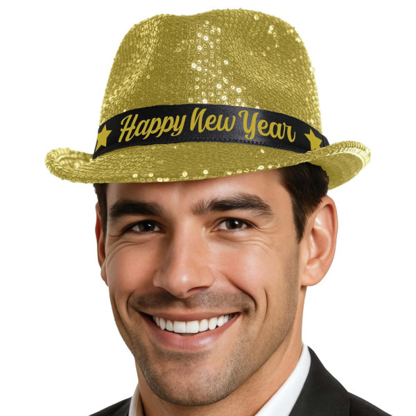 Sombrero de Happy New Year de color Oro con Lentejuelas para Adulto