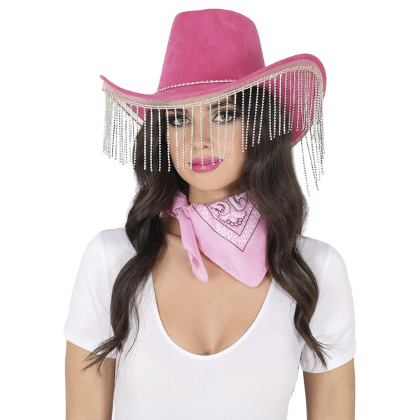 Sombrero de Vaquero de color Rosa con Flecos de Strass para Adulto