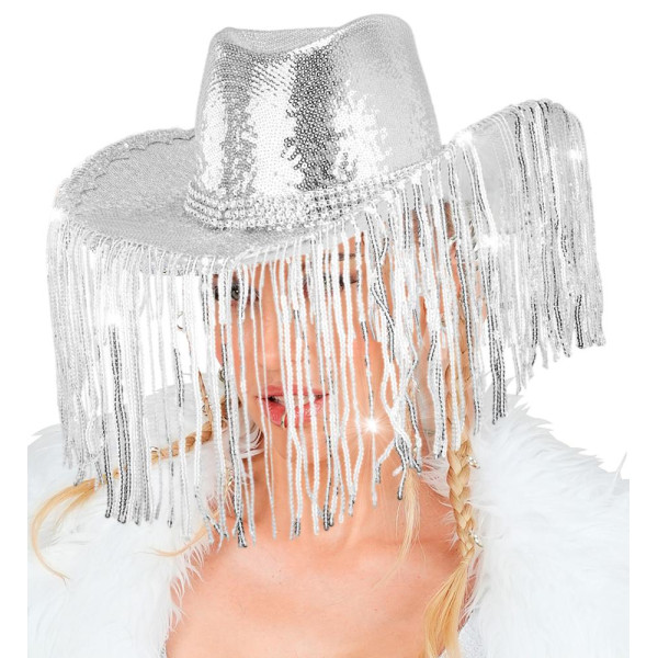 Sombrero de Vaquero de color Plata con Lentejuelas y Flecos para Adulto