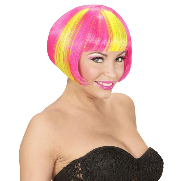 Peluca Rosa Neón de Valentina con Mechas Amarillas para Adulto