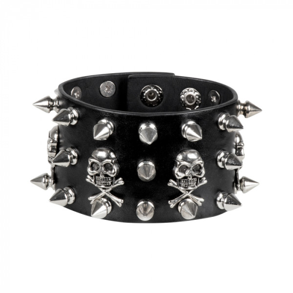 Brazalete de Motero de color Negro con Pinchos y Calaveras para Adulto